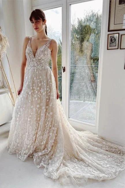 Champagne A-line Floor Length Straps V-neck Wedding Dress by misshow.com