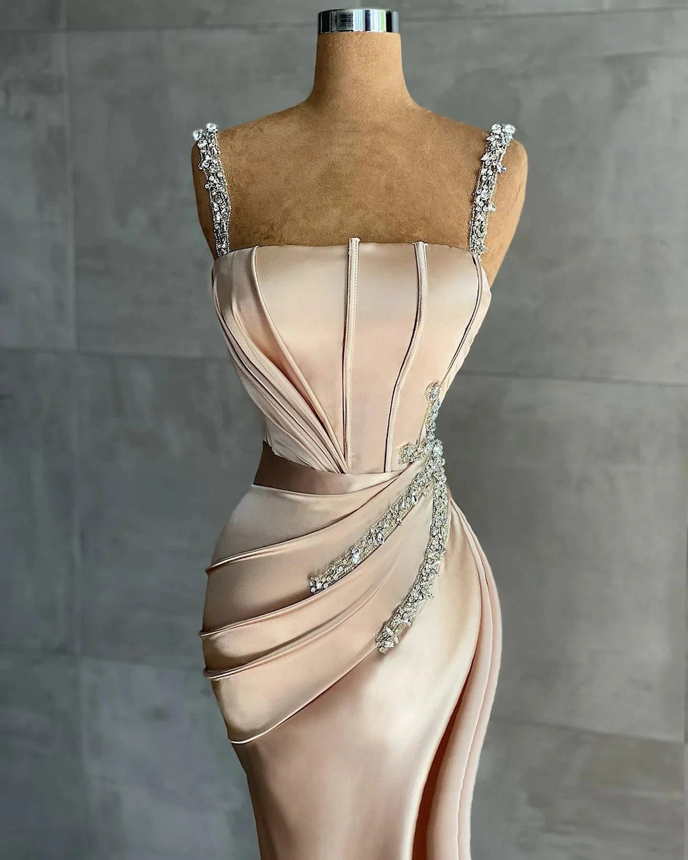 Champagne evening dresses floor-length with glitter by misshow.com