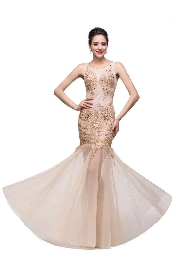Champagne Scoop Mermaid Floor-length Appliques Prom Dresses by misshow.com