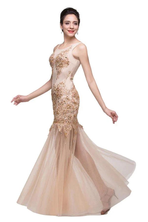 Champagne Scoop Mermaid Floor-length Appliques Prom Dresses by misshow.com
