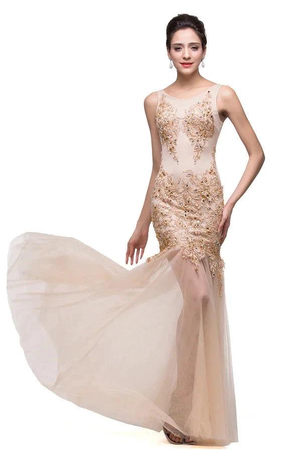 Champagne Scoop Mermaid Floor-length Appliques Prom Dresses by misshow.com