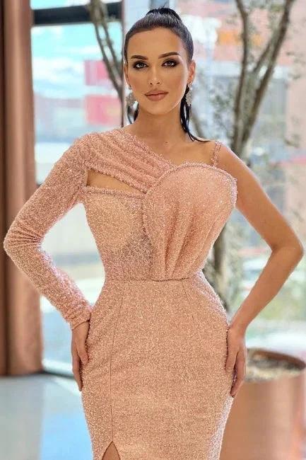 Champagne Simple One-shoulder Long-Sleeve Mermaid Sequined Floor-Length Prom Dresses by misshow.com