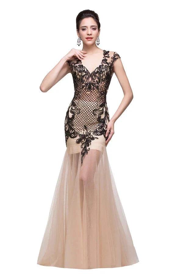 Champagne V-Neck Mermaid Floor-length Prom Dresses by misshow.com
