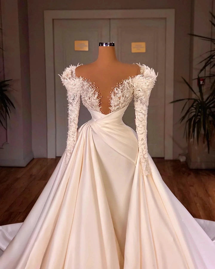 Charming A-Line Cathedral V-neck Long Wedding Dress With Long Sleeves by misshow.com