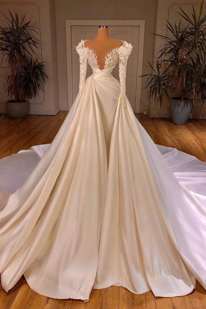 Charming A-Line Cathedral V-neck Long Wedding Dress With Long Sleeves by misshow.com