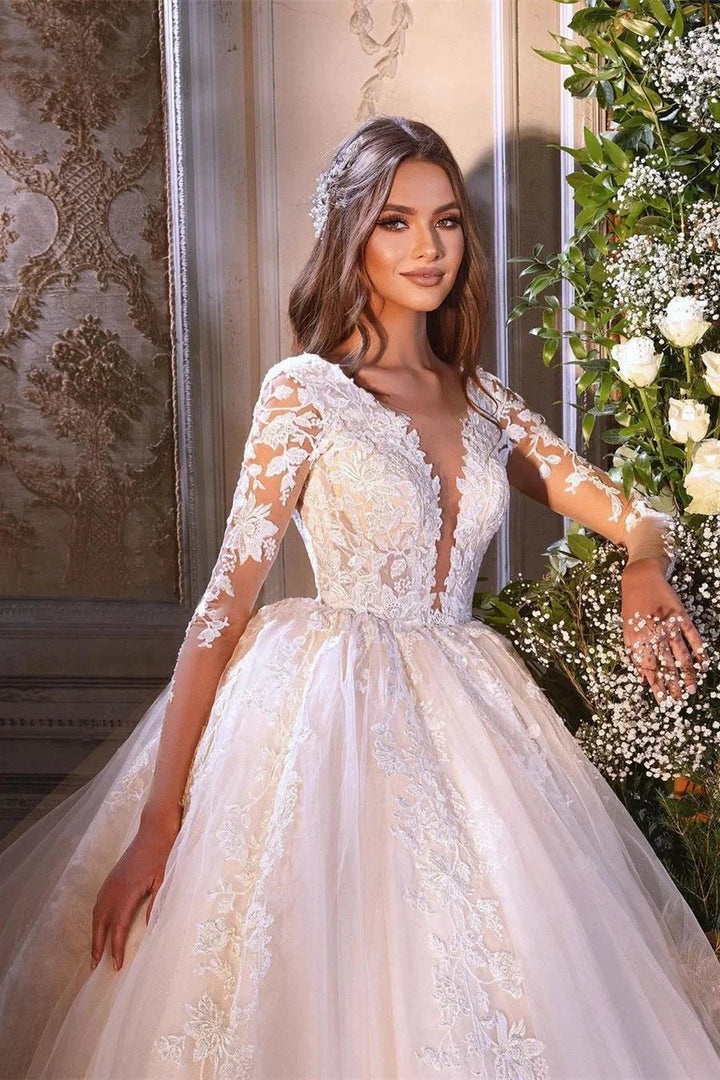 Charming A-line Long Sleeves V-neck Lace Wedding Dress With Train by misshow.com