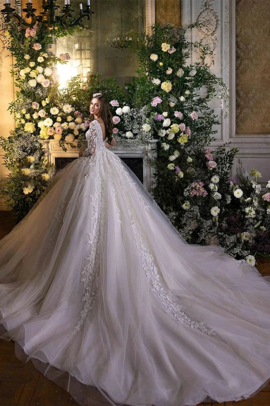 Charming A-line Long Sleeves V-neck Lace Wedding Dress With Train by misshow.com
