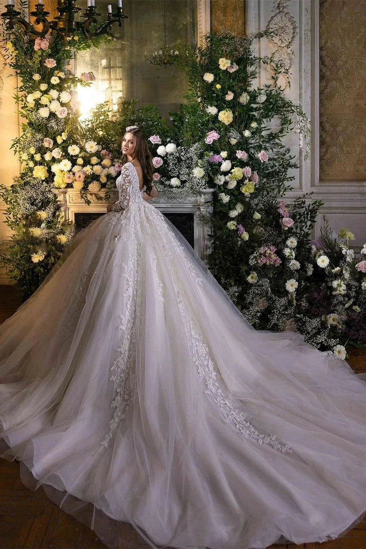 Charming A-line Long Sleeves V-neck Lace Wedding Dress With Train by misshow.com