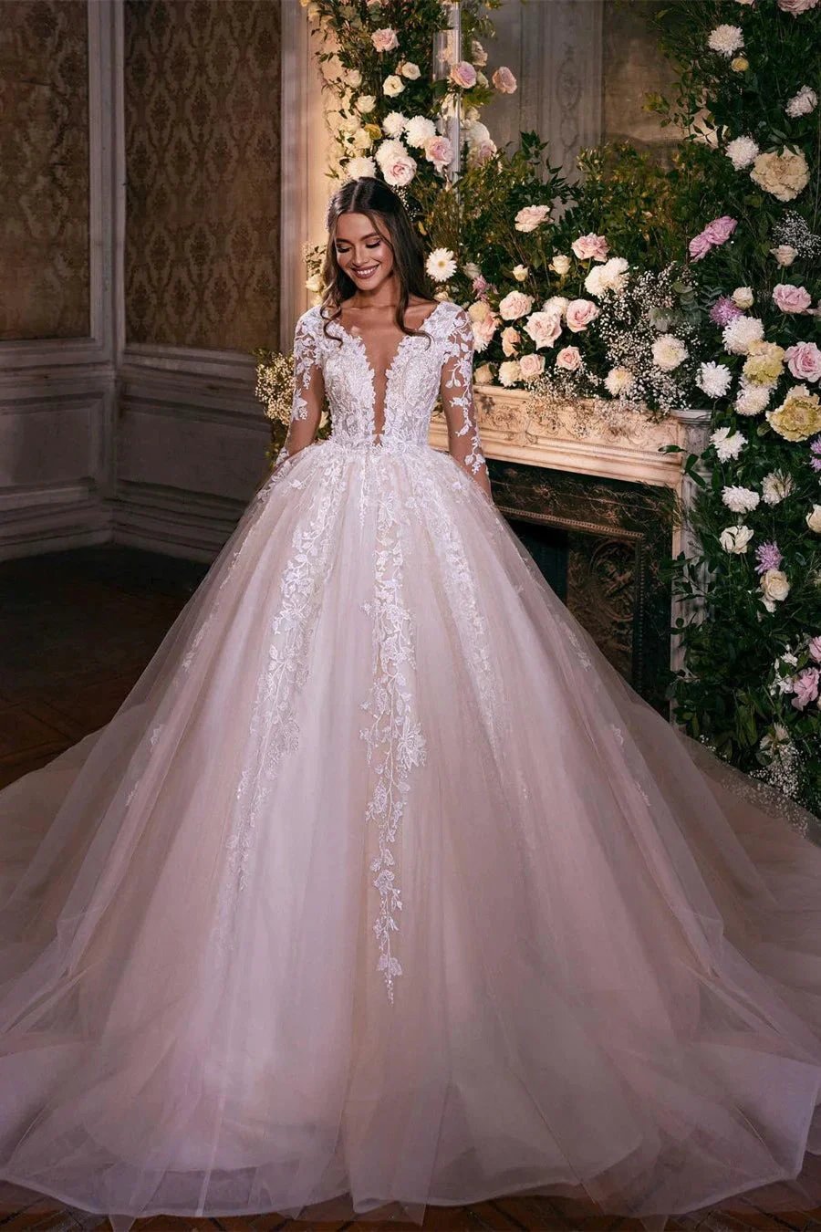 Charming A-line Long Sleeves V-neck Lace Wedding Dress With Train by misshow.com