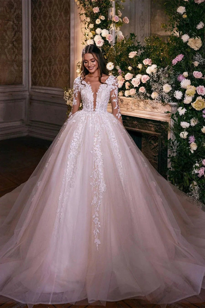 Charming A-line Long Sleeves V-neck Lace Wedding Dress With Train by misshow.com