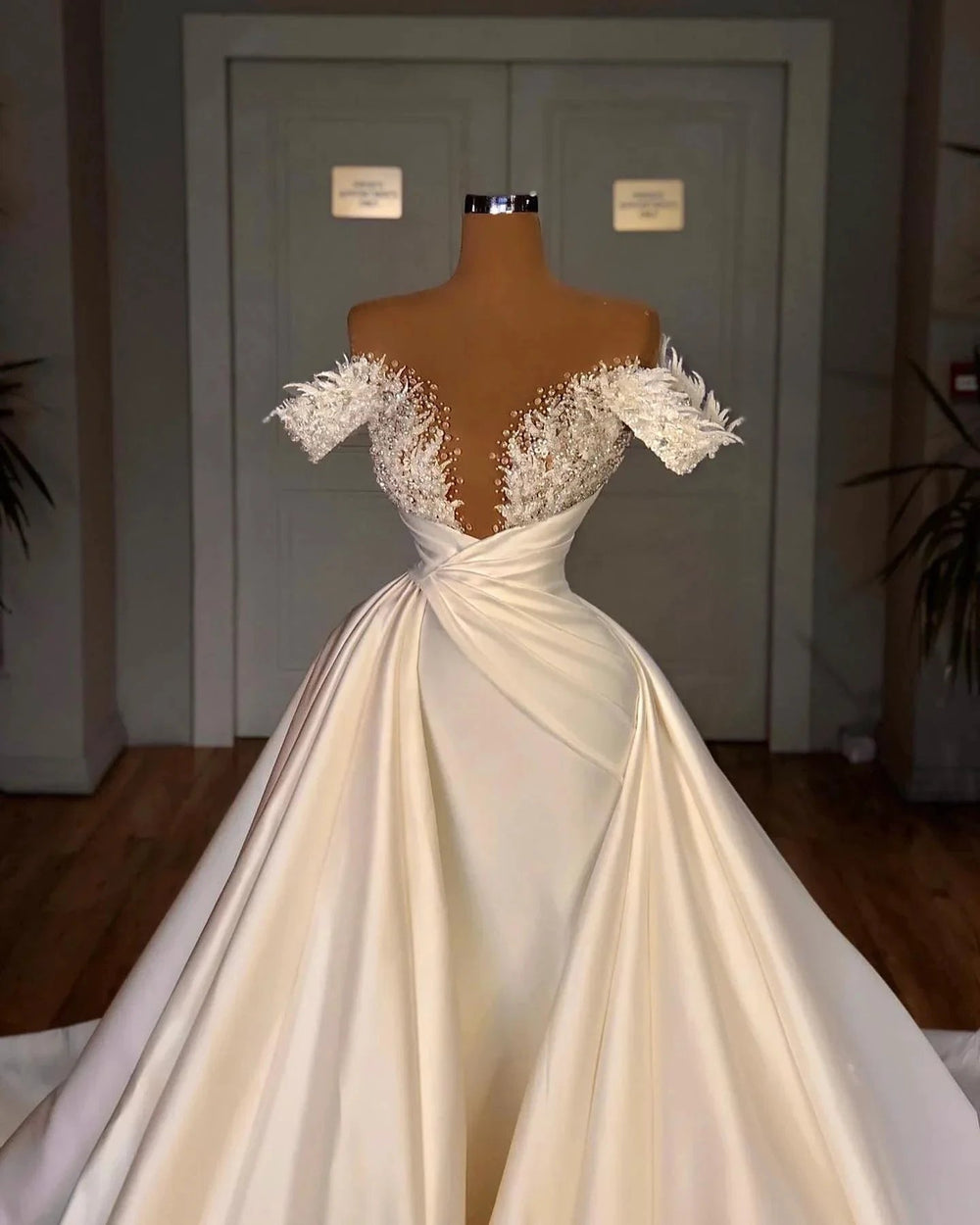 Charming A-Line Off-the-shoulder Cathedral V-neck Long Wedding Dress by misshow.com