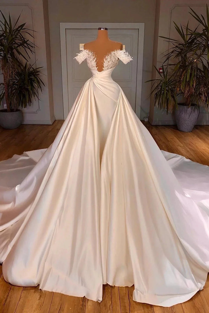Charming A-Line Off-the-shoulder Cathedral V-neck Long Wedding Dress by misshow.com
