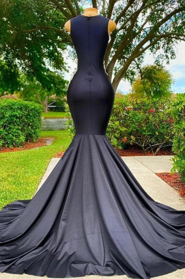 Charming Black Long Mermadi Jewel Satin Tulle Lace Appliques Prom Dress by BIZTUNNEL