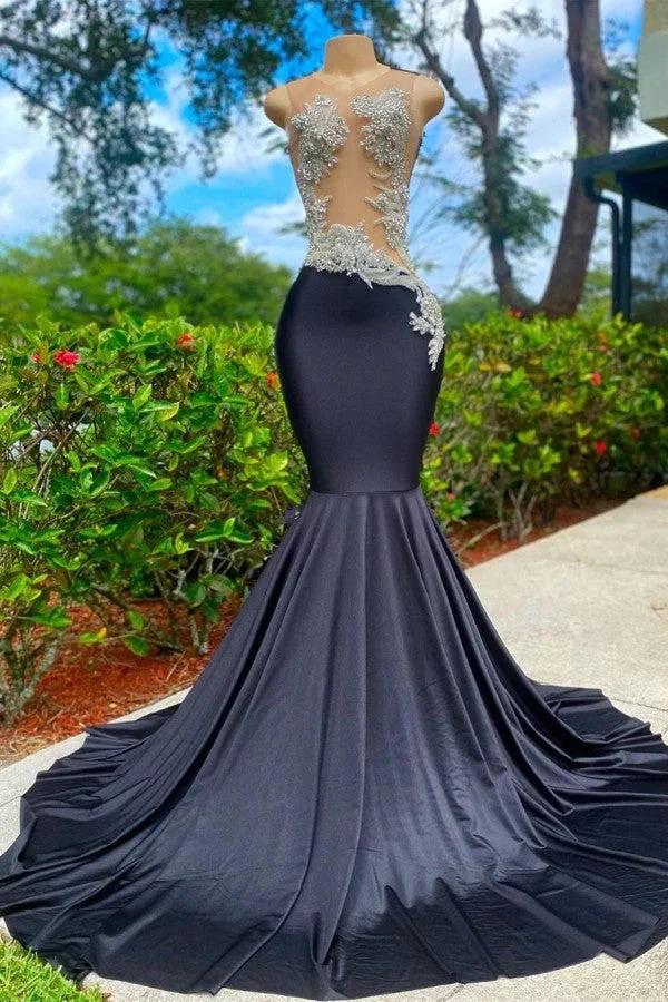 Charming Black Long Mermadi Jewel Satin Tulle Lace Appliques Prom Dress by BIZTUNNEL