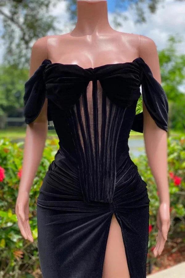 Charming Black Velvet Off-The-Shoulder Mermaid Sleeveless Prom Dress With Slit by misshow.com