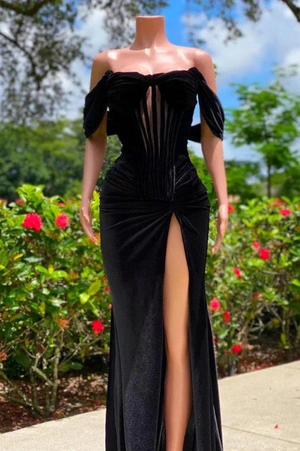 Charming Black Velvet Off-The-Shoulder Mermaid Sleeveless Prom Dress With Slit by misshow.com