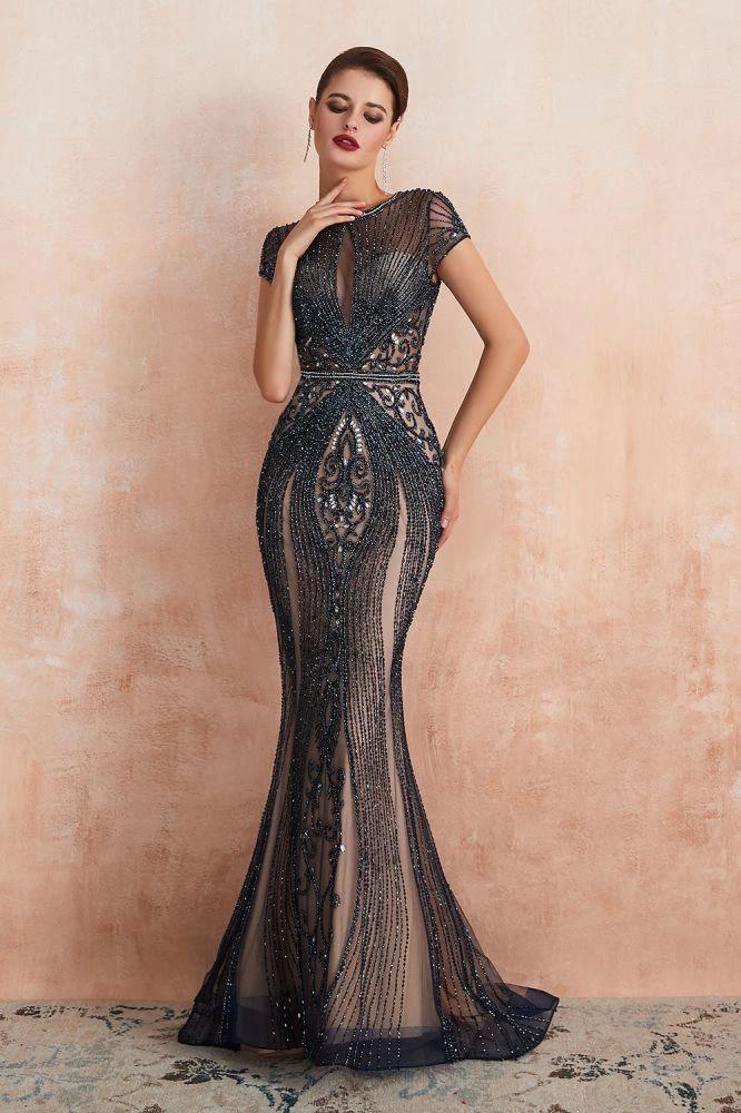 Charming Cap Sleeve Beading Mermaid Prom Dress Crew Neck Evening Party Gown by misshow.com