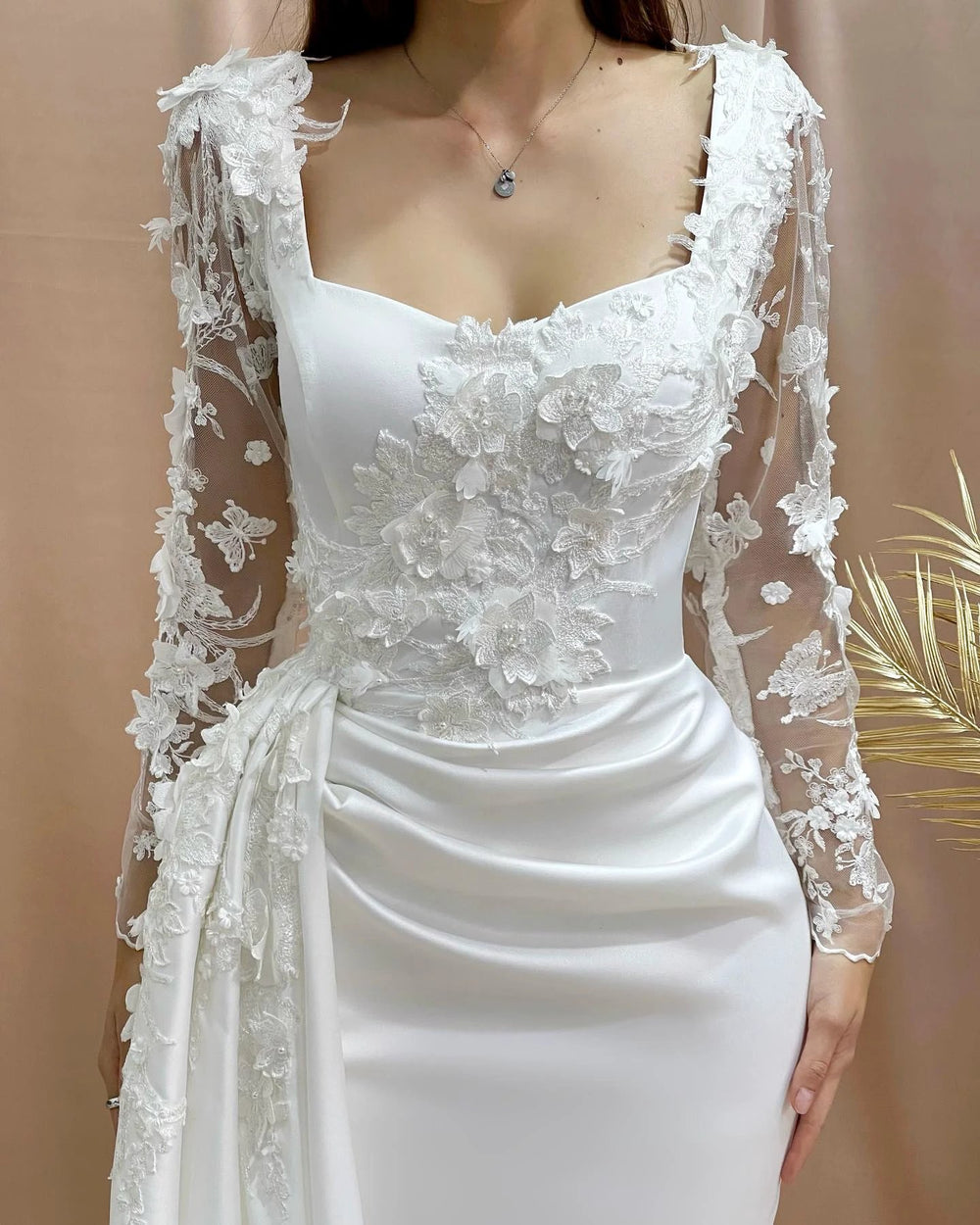 Charming Column Off-the-shoulder Long Sleeve Appliques Satin Lace Wedding Dresses by misshow.com