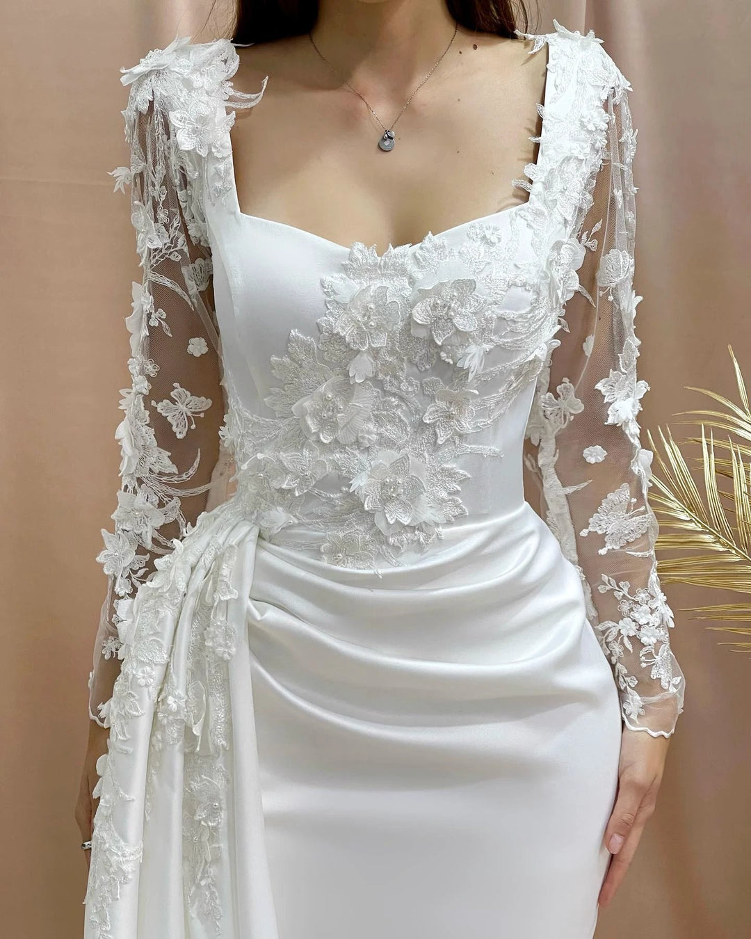 Charming Column Off-the-shoulder Long Sleeve Appliques Satin Lace Wedding Dresses by misshow.com