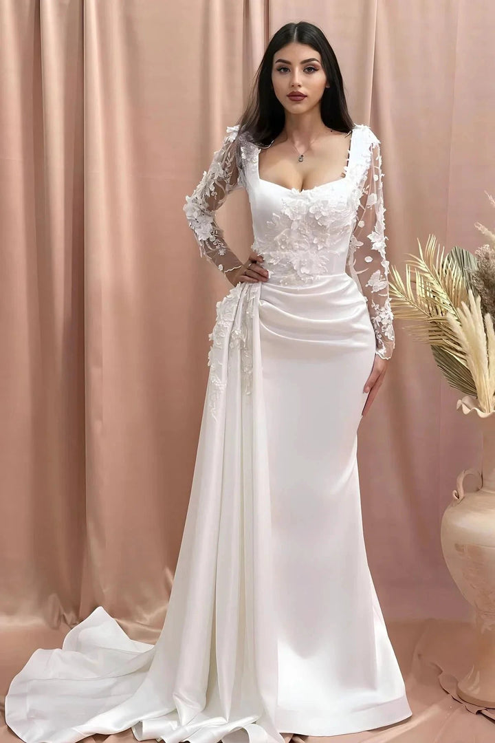 Charming Column Off-the-shoulder Long Sleeve Appliques Satin Lace Wedding Dresses by misshow.com