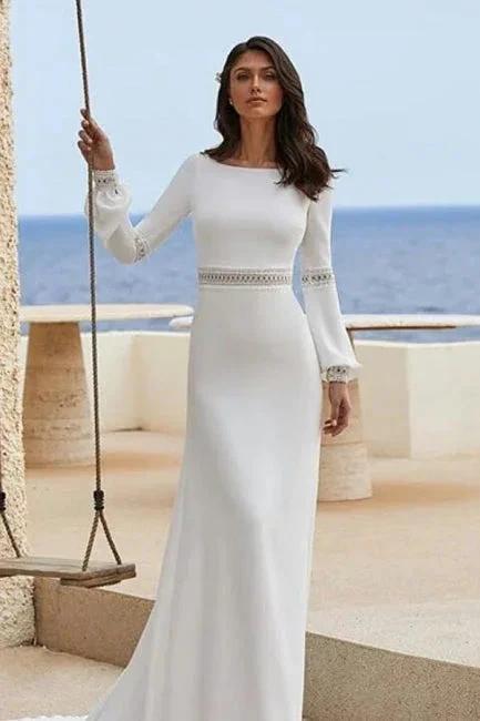 Charming Column Satin Long Sleeve White Wedding Dresses With Appliques by misshow.com