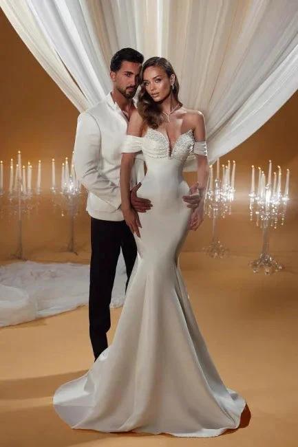 Charming Column Satin Off-The-Shoulder Sleeveless Ivory Wedding Dresses With Beading by misshow.com