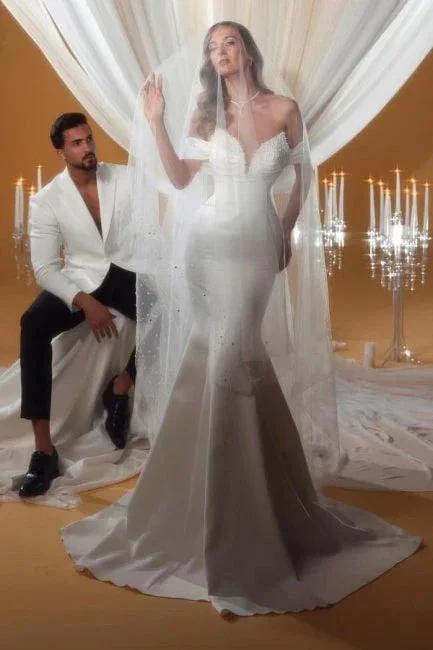 Charming Column Satin Off-The-Shoulder Sleeveless Ivory Wedding Dresses With Beading by misshow.com