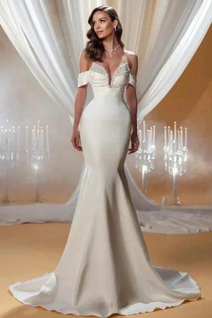 Charming Column Satin Off-The-Shoulder Sleeveless Ivory Wedding Dresses With Beading by misshow.com