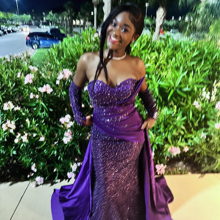 Charming Column Satin Sweetheart Sleeveless Purple Prom Dress With Sequined Train by misshow.com