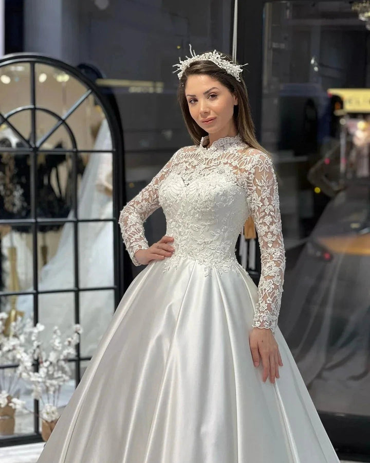 Charming Floor Length Crew Long Sleeves A-Line Satin Wedding Dress with Ruffles by misshow.com