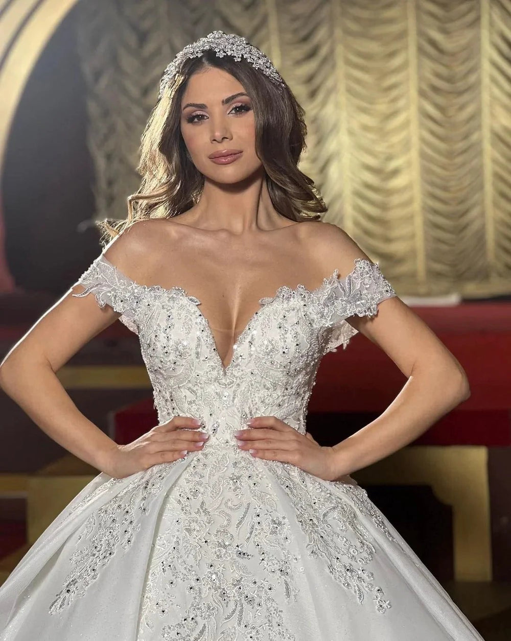 Charming Floor Length Off-The-Shoulder A Line Satin Wedding Dress with Ruffles by misshow.com