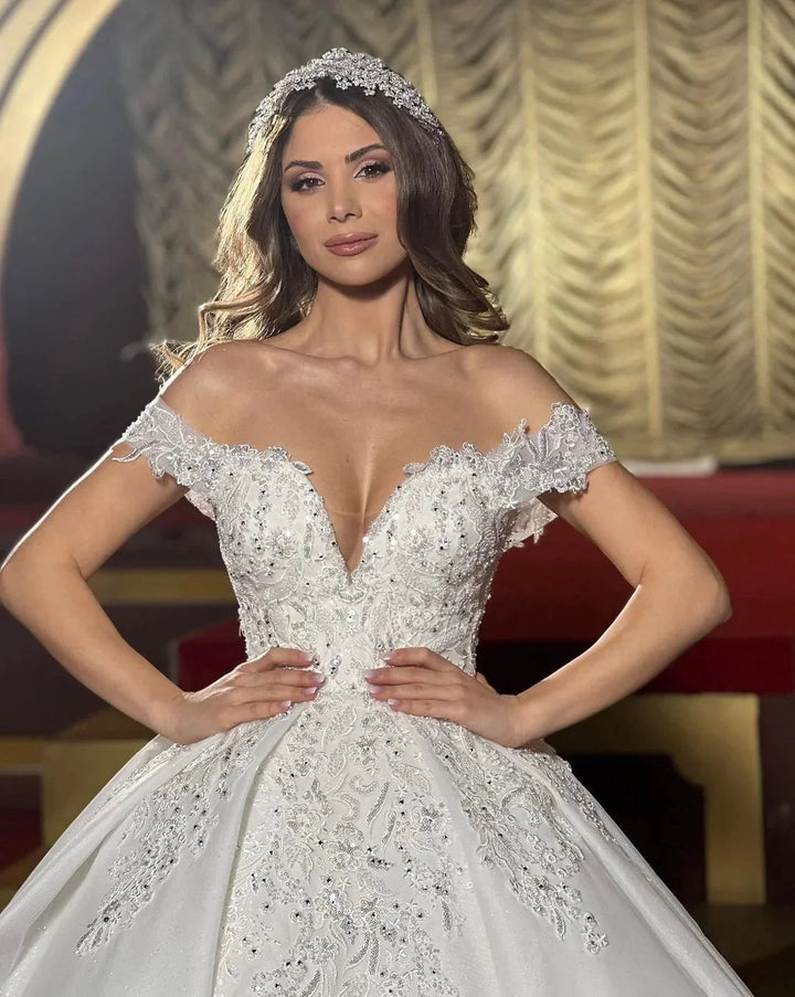 Charming Floor Length Off-The-Shoulder A Line Satin Wedding Dress with Ruffles by misshow.com