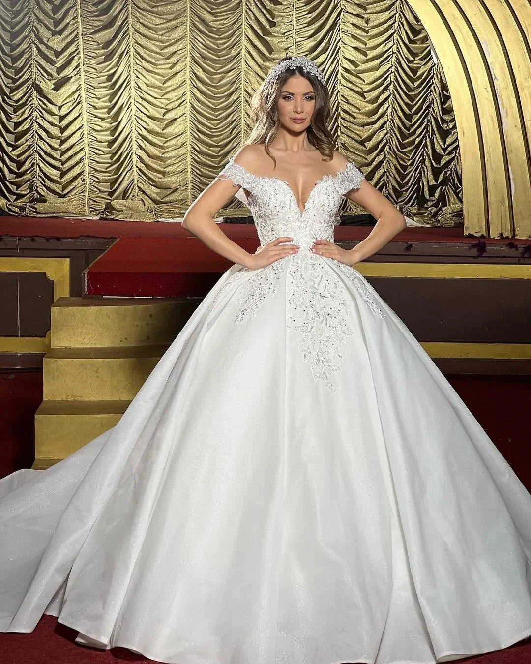 Charming Floor Length Off-The-Shoulder A Line Satin Wedding Dress with Ruffles by misshow.com