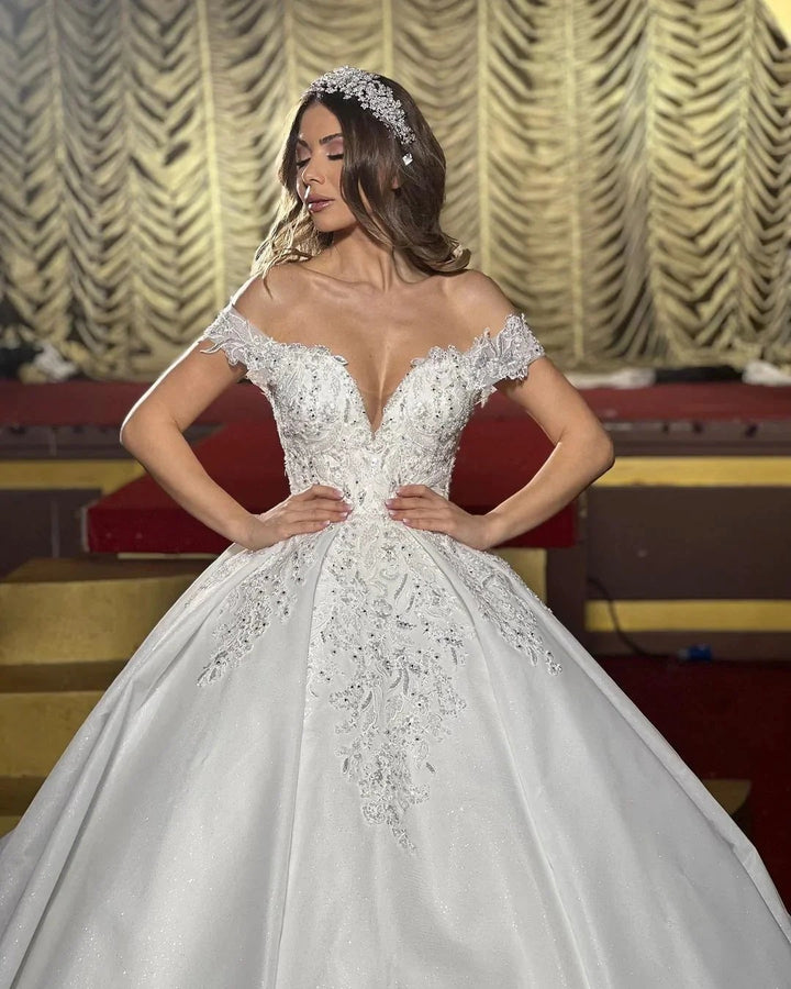Charming Floor Length Off-The-Shoulder A Line Satin Wedding Dress with Ruffles by misshow.com