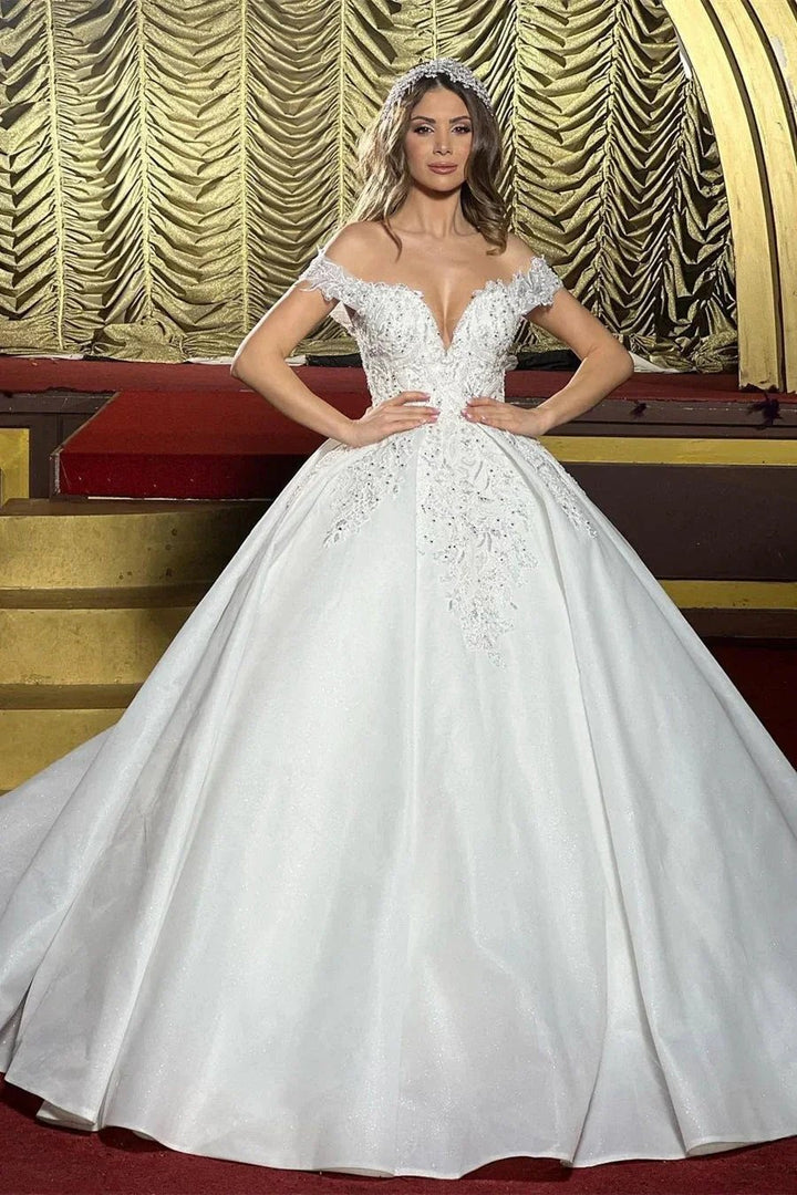 Charming Floor Length Off-The-Shoulder A Line Satin Wedding Dress with Ruffles by misshow.com