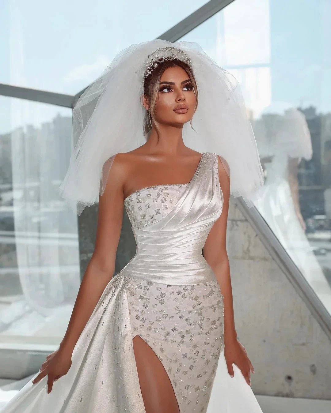 Charming Floor Length Sleeveless One-Shoulder Mermaid Wedding Dress with Split by misshow.com