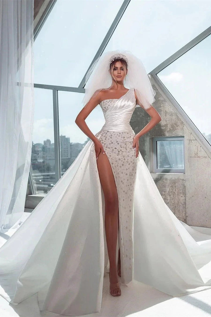 Charming Floor Length Sleeveless One-Shoulder Mermaid Wedding Dress with Split by misshow.com