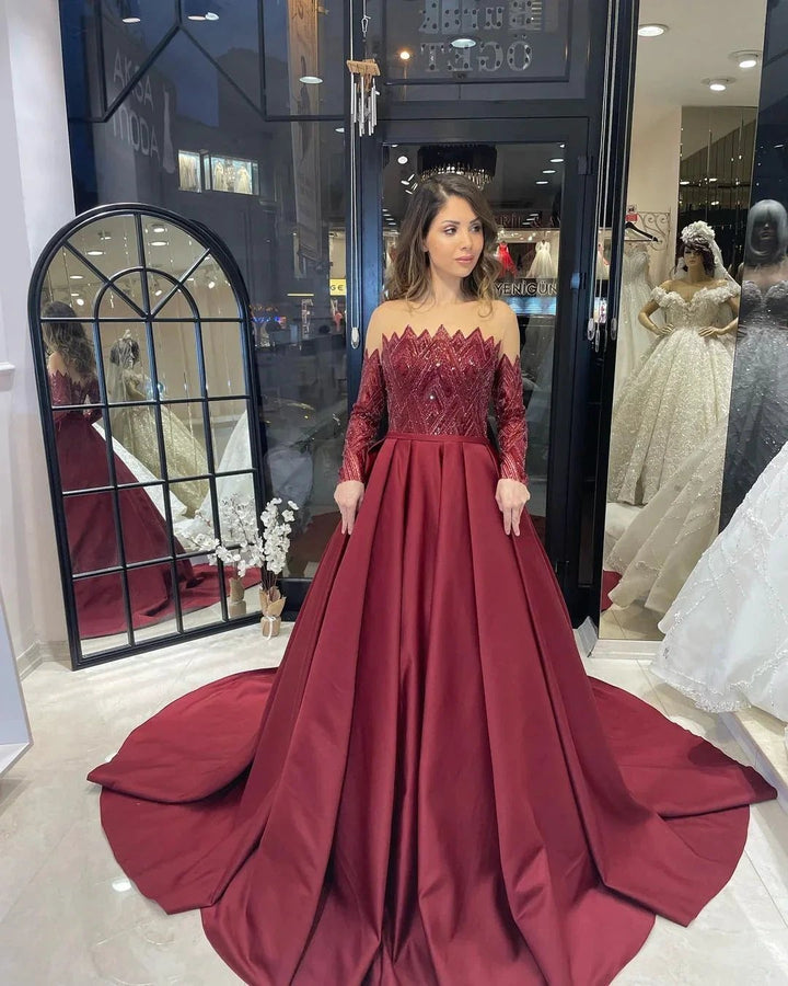 Charming Floor Length Strapless Long Sleeves A-Line Satin Wedding Dress with Ruffles by misshow.com