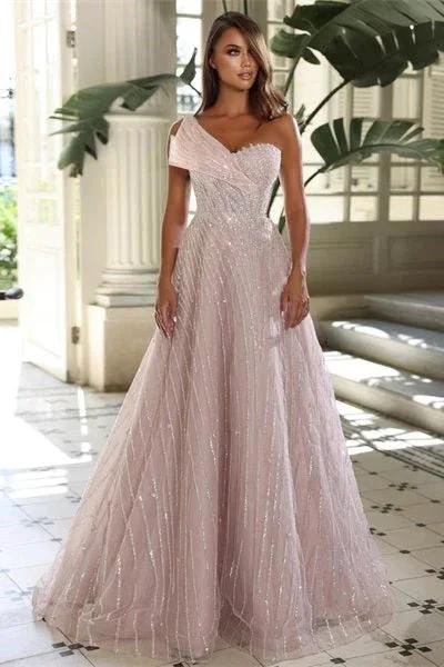 Charming Floor Length Sweetheart Sleeveless One-Shoulder A-Line Sequined Prom Dress by misshow.com