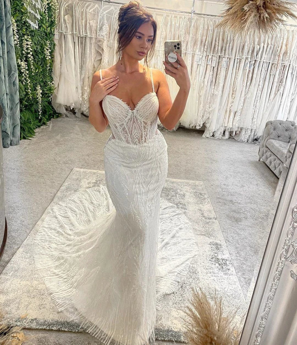 Charming Floor Length Sweetheart Sleeveless Spaghetti Straps Mermaid Wedding Dress with Chapel Train by misshow.com