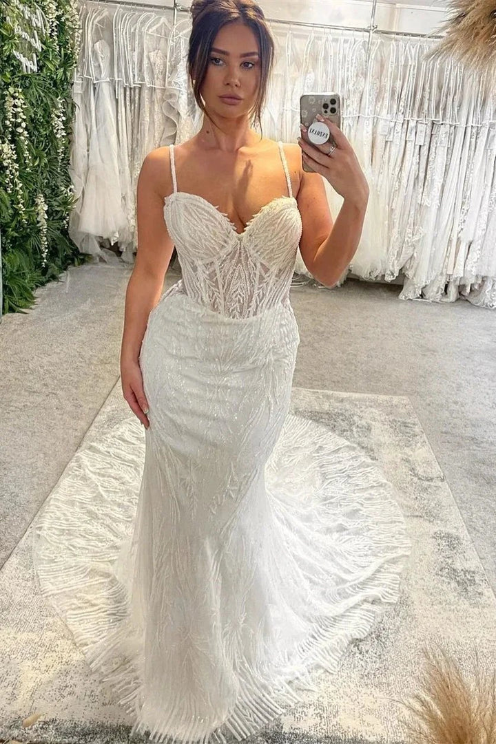 Charming Floor Length Sweetheart Sleeveless Spaghetti Straps Mermaid Wedding Dress with Chapel Train by misshow.com