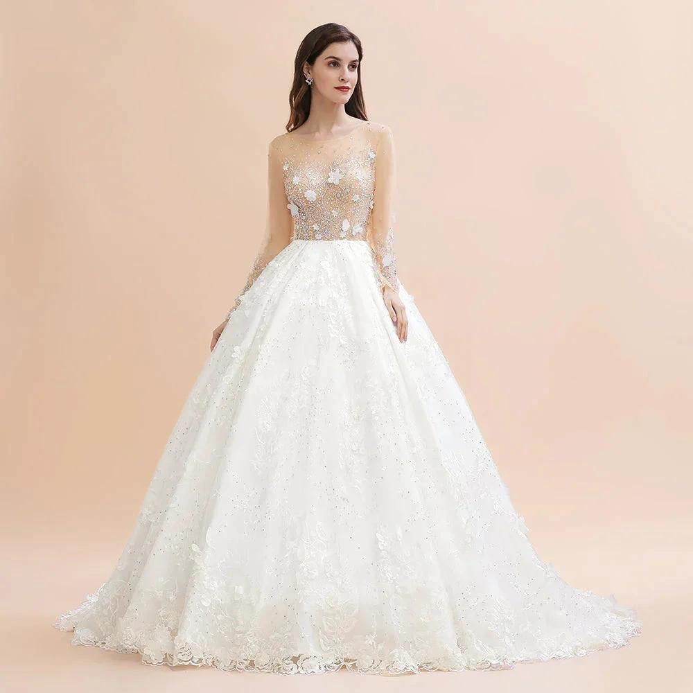 Charming Floral Lace Appliques Wedding Dress Gorgeous White Beads Bridal Gown by misshow.com