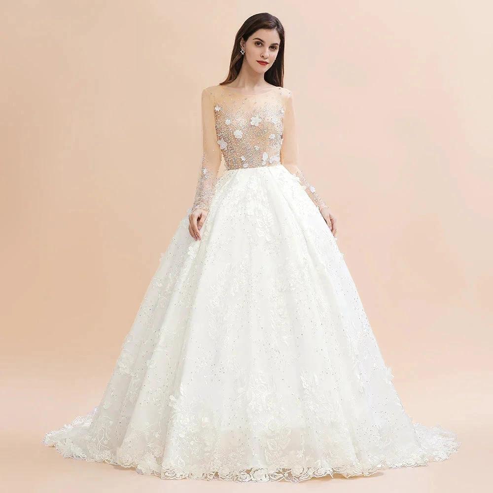 Charming Floral Lace Appliques Wedding Dress Gorgeous White Beads Bridal Gown by misshow.com