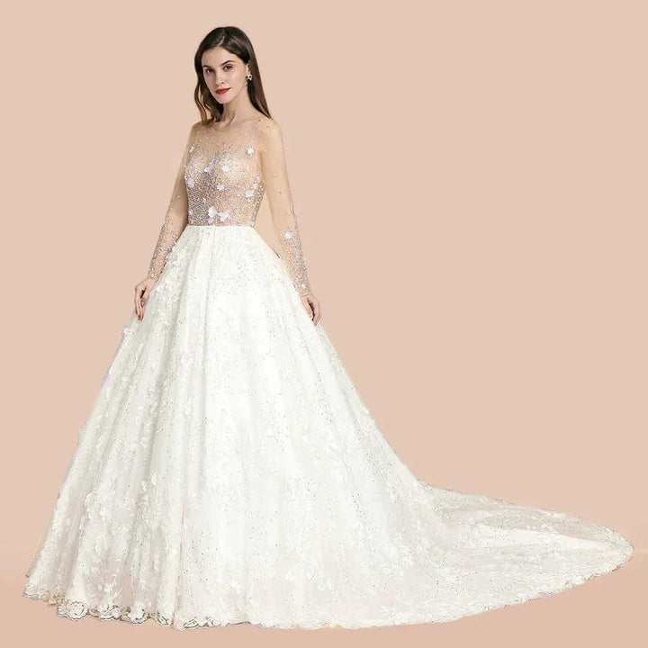 Charming Floral Lace Appliques Wedding Dress Gorgeous White Beads Bridal Gown by misshow.com