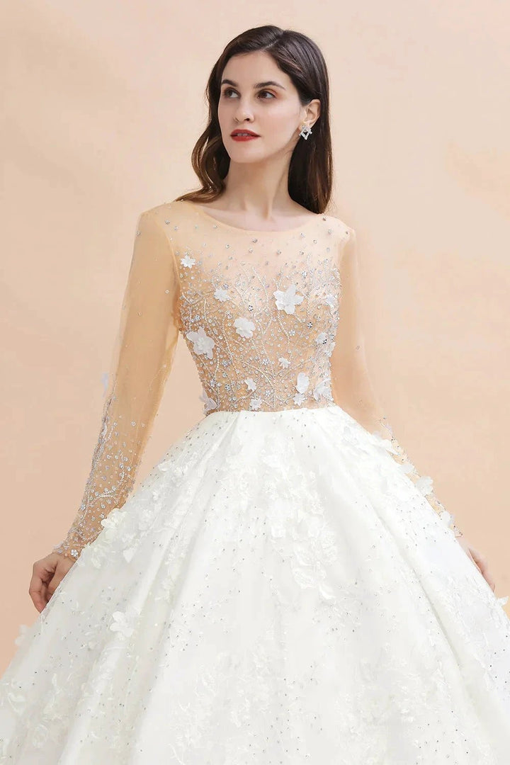 Charming Floral Lace Appliques Wedding Dress Gorgeous White Beads Bridal Gown by misshow.com