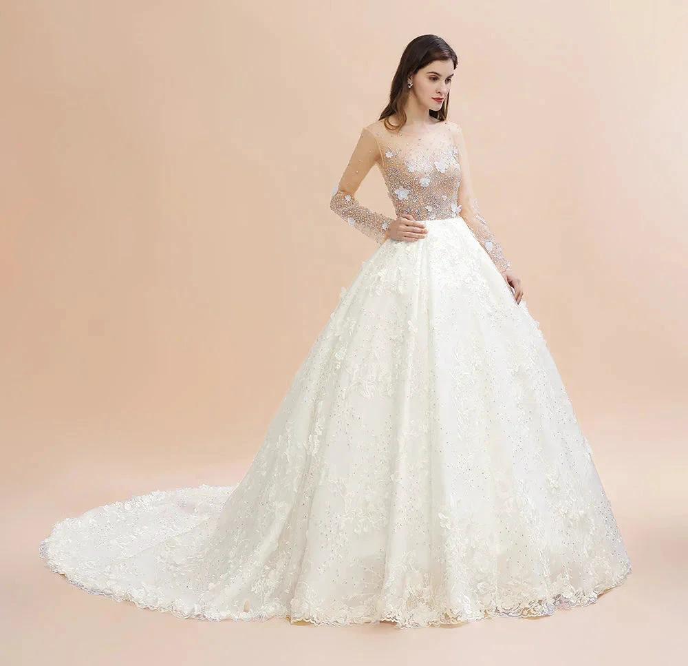 Charming Floral Lace Appliques Wedding Dress Gorgeous White Beads Bridal Gown by misshow.com