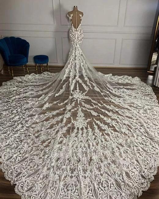 Charming Jewel Garden Sleeveless Mermaid Tulle Wedding Dress with Appliques by misshow.com