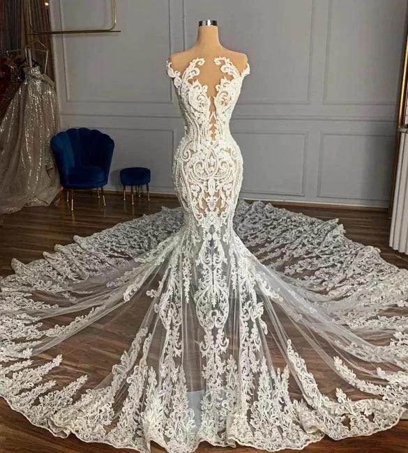 Charming Jewel Garden Sleeveless Mermaid Tulle Wedding Dress with Appliques by misshow.com
