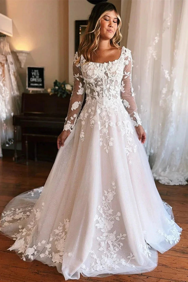 Charming Long A-line Appliques Long Sleeves Wedding Dress With Train by misshow.com