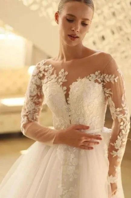 Charming Long A-line Lace Long Sleeves Tulle Wedding Dress by misshow.com